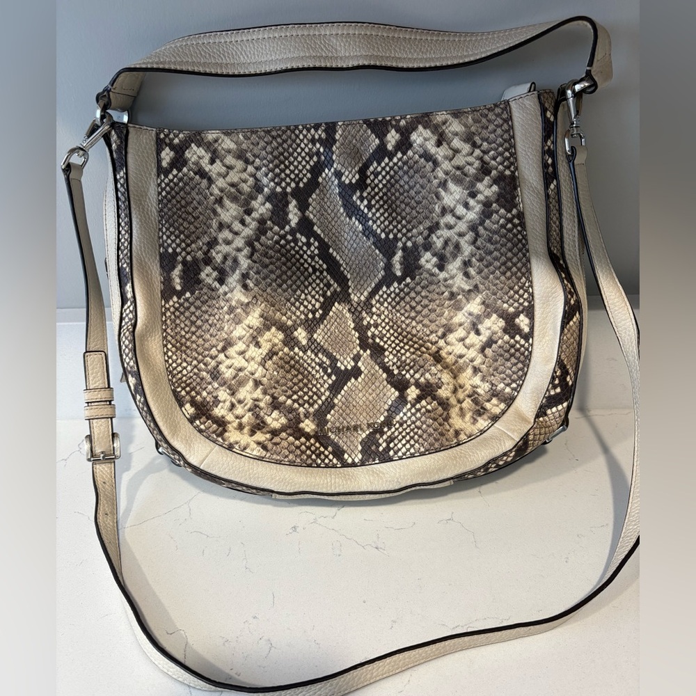 Python-Print Leather Michael Kors Hobo Bag in Cream and Brown